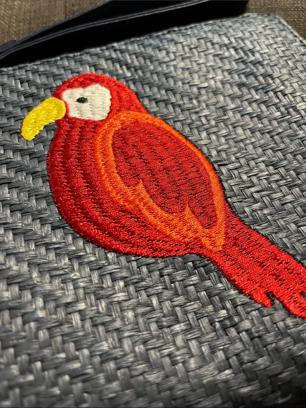 Talbots Navy Blue Embroidered Red Parrot Clutch Purse